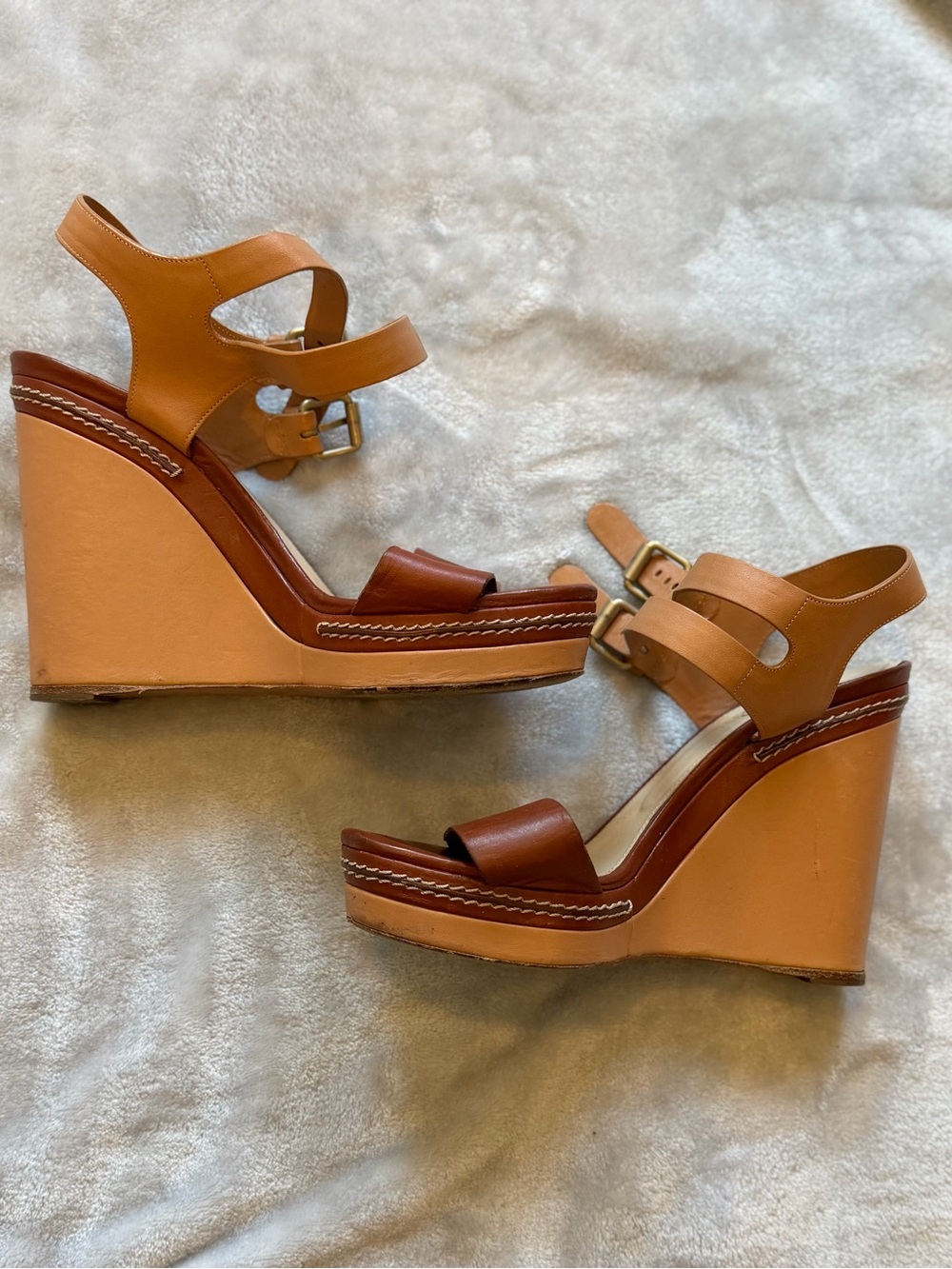 Chloé MaximeTwo-Tone Tan & Brown Leather Wedge Sandals